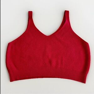 Pink Ribbed Knit Cropped Tank Bralette XL V-Neck Wide Strap Cozy Top